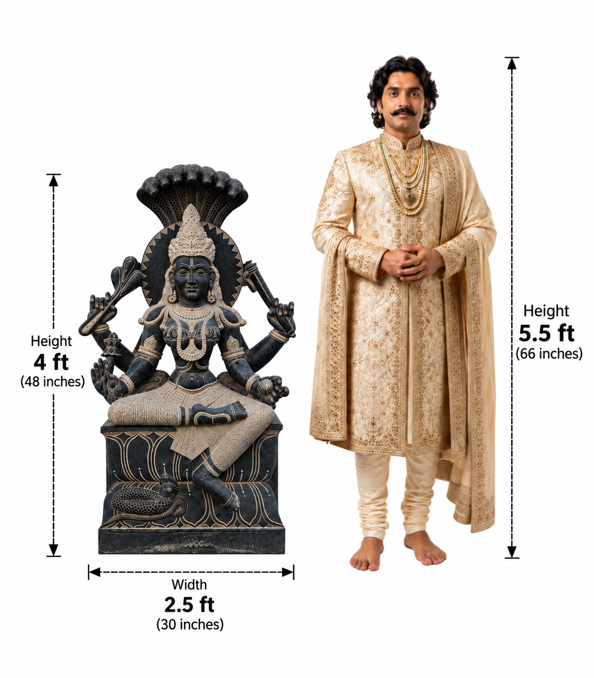 A seated Hindu deity statue shown next to a man wearing traditional Indian attire, with height and width measurement callouts for the statue on a white background.