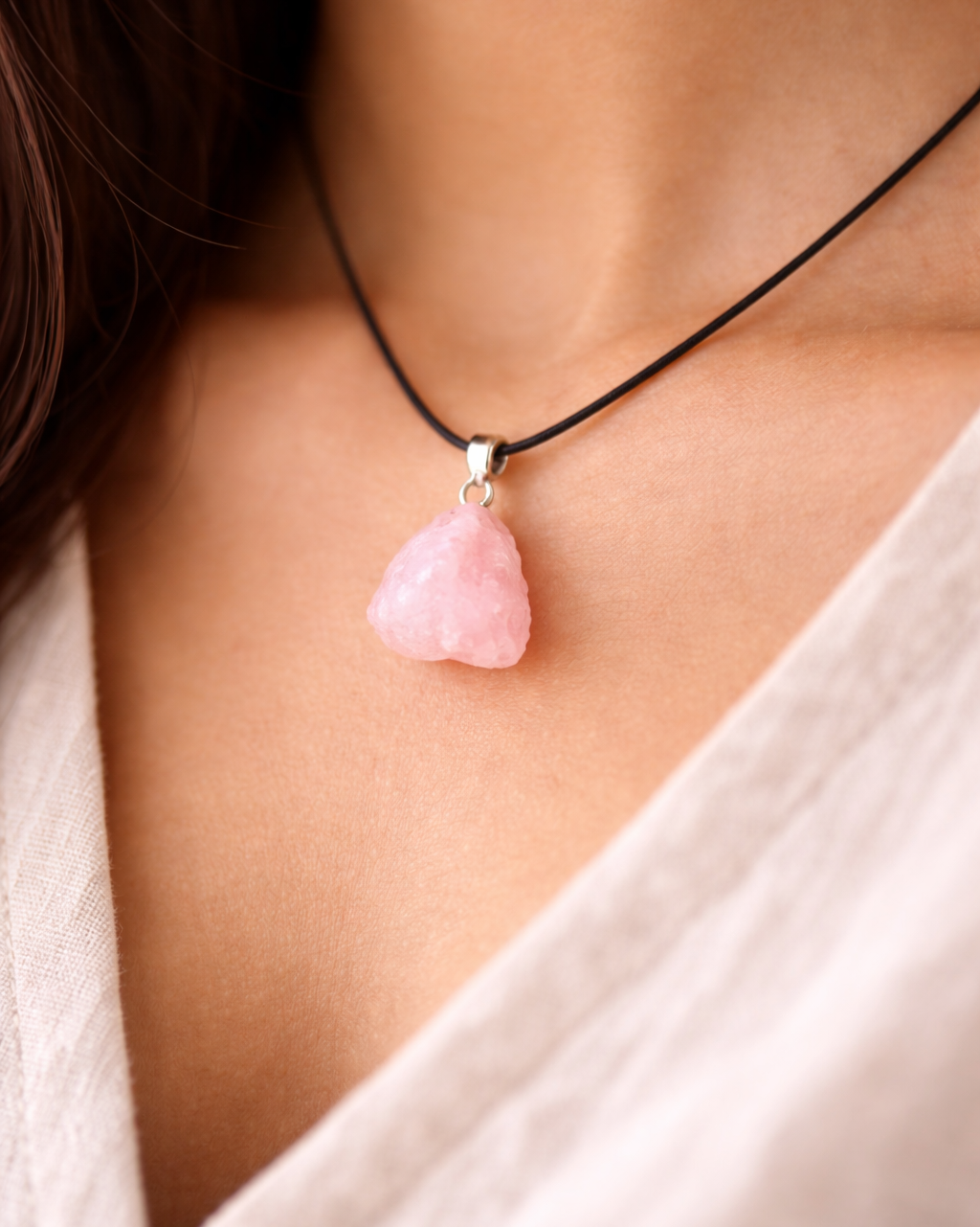 Necklace with a pink pendant worn by a person