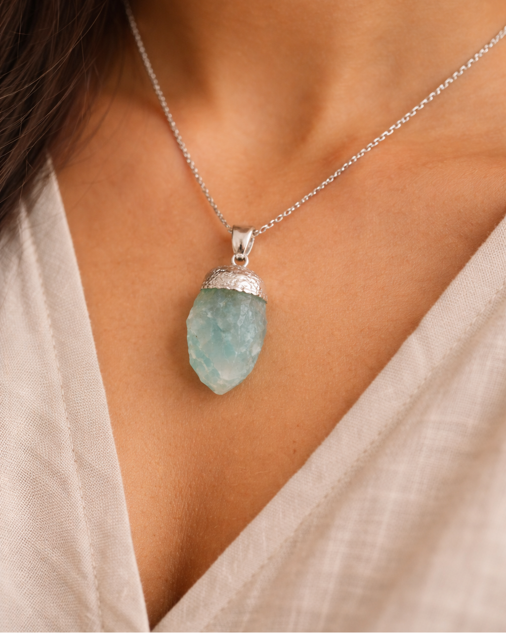 Elegant aquamarine necklace on Indian skin tone model