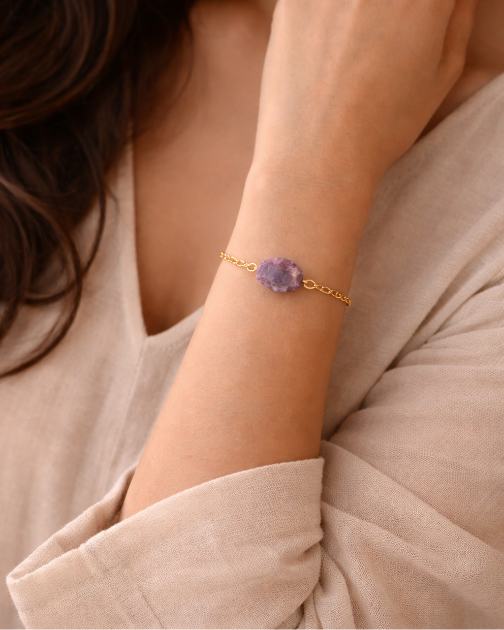 Elegant amethyst bracelet on Indian skin tone gold chain