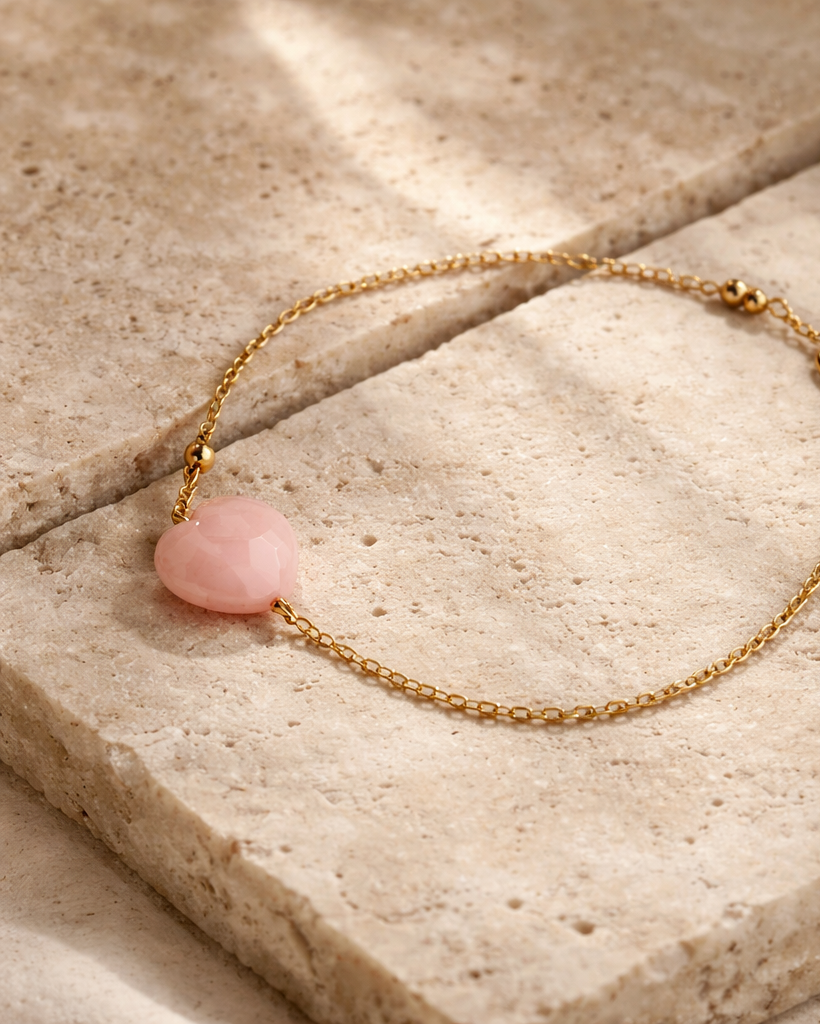 pink opal heart bracelet on chain showing soft blush pink stone
