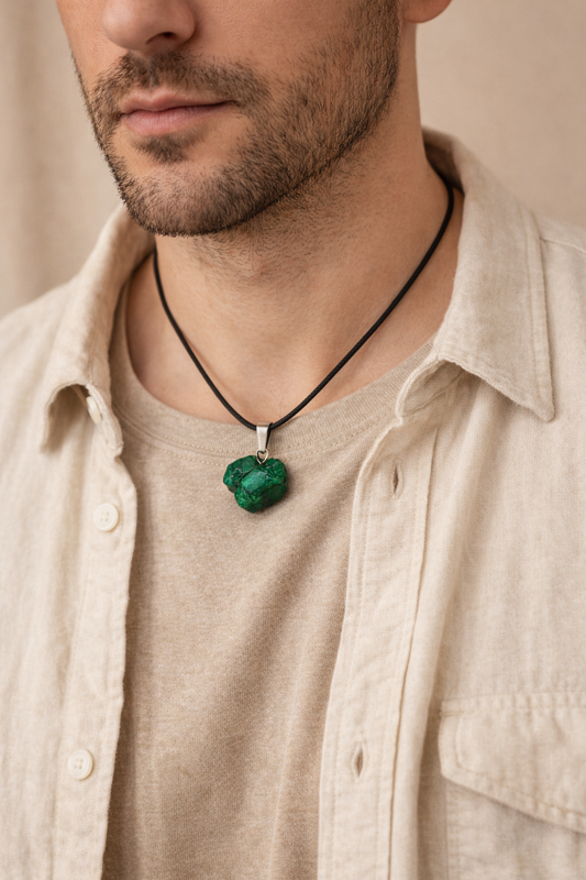 man wearing raw malachite pendant minimal natural jewelry