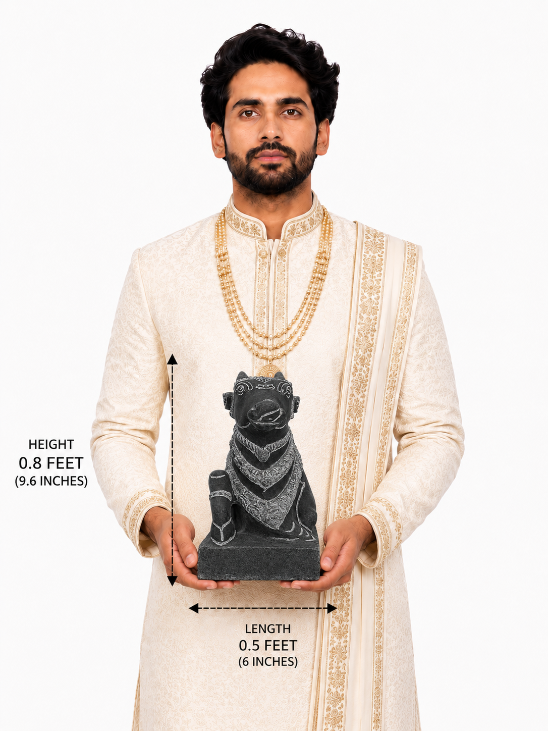 Hand-carved 0.8 ft Adhikara Nandi statue in polished black stone shown beside an adult model for scale with measurements.