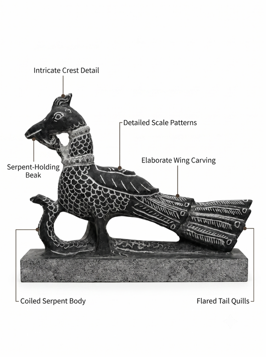 Hand-carved 0.83 ft Mayil Vahanam peacock sculpture in natural stone, product view 2 highlighting the carved form and details.