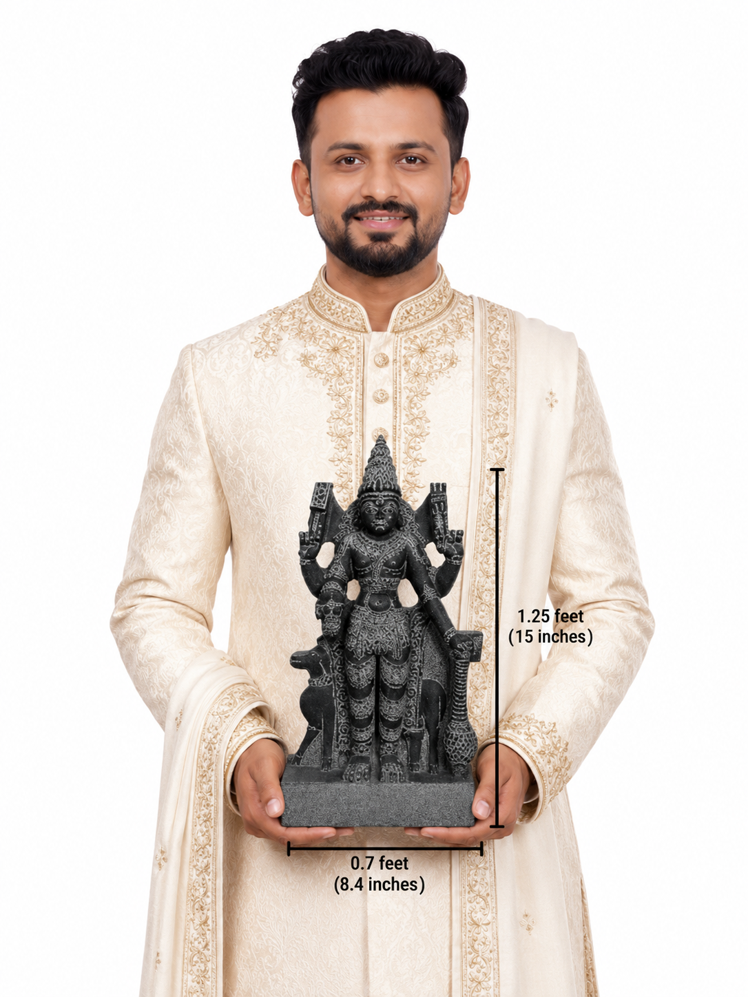Hand-carved 1.25 ft Angaraka Bhagavan Navagraha statue in natural stone, product view 6 highlighting the planetary deity form and carved details.