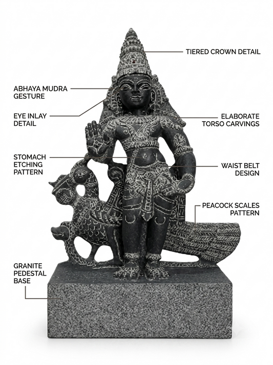 Hand-carved 1.25 ft Murugan with Mayil statue in natural stone, product view 2 highlighting the deity and peacock details.