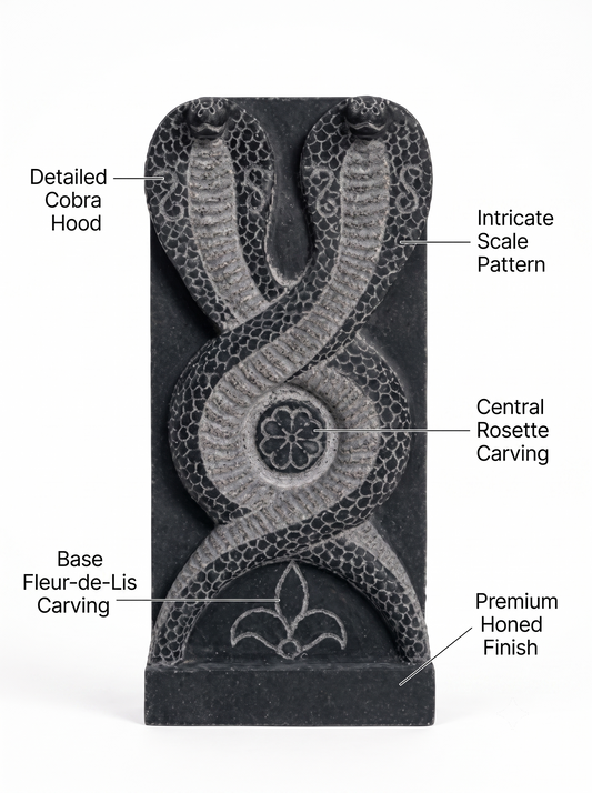 Hand-carved 1.25 ft Nagaraja and Nagini serpent pair in natural stone, product view 2 highlighting the paired figures and carved details.