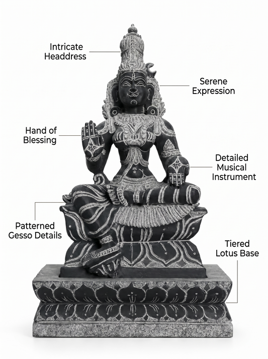 Hand-carved 1.25 ft Parvati Devi statue in natural stone, product view 2 highlighting the sculpture and carved details.