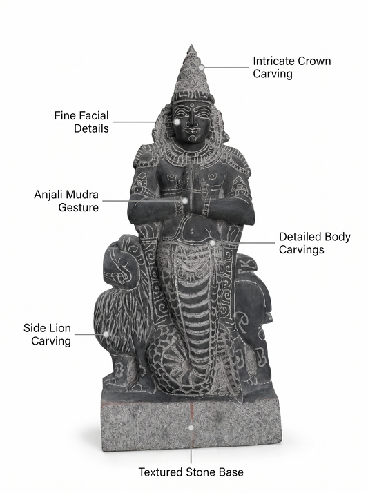 Hand-carved 1.25 ft Rahu Bhagavan statue in natural stone, product view 2 highlighting the Navagraha form and carved details.