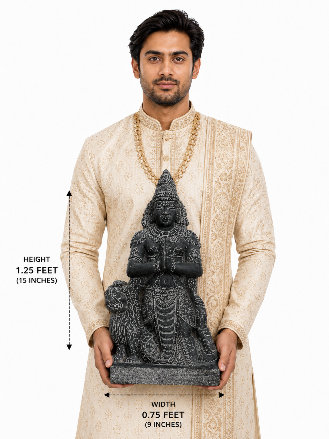 Hand-carved 1.25 ft Rahu Bhagavan Navagraha statue in polished black stone shown with an adult model for scale.