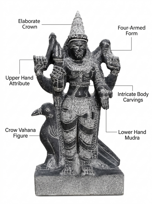 Hand-carved 1.25 ft Shani Bhagavan Navagraha statue in natural stone, product view 2 highlighting the planetary deity form and carved details.