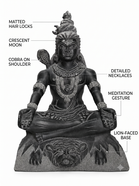Hand-carved 1.25 ft Shiva statue in natural stone, product view 2 highlighting the yogic form and carved details.