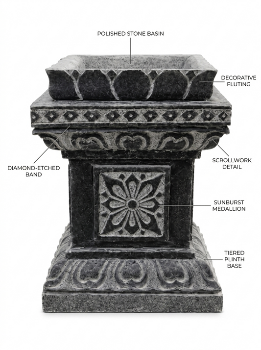 Hand-carved 1.3 ft Ornate Carved Stone Pedestal in natural Charnockite stone, product view 2 showing the sculpture and carved details.