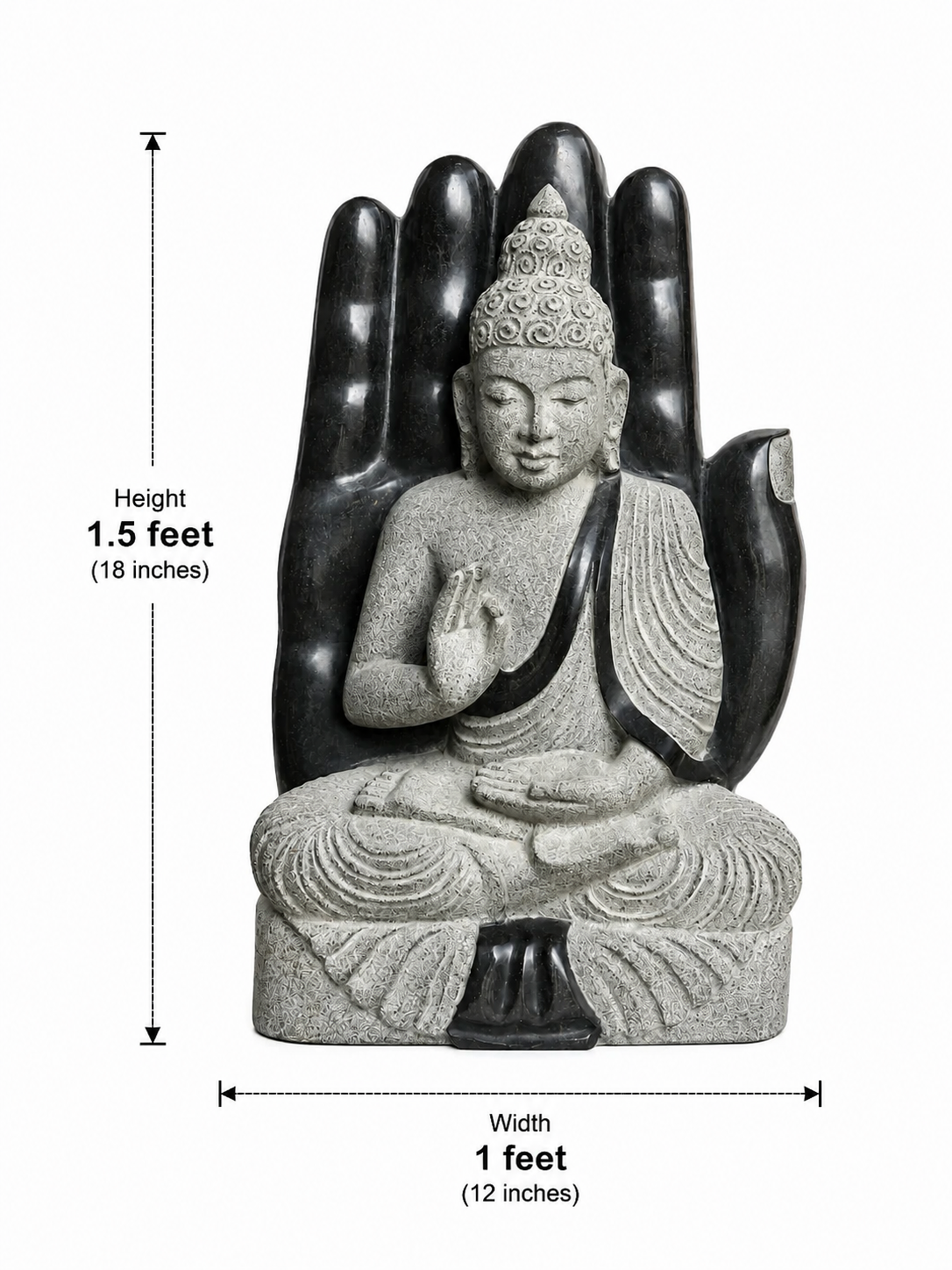 Hand-carved 1.5 ft Abhaya Buddha statue in polished black stone shown beside an adult model for scale with measurements.