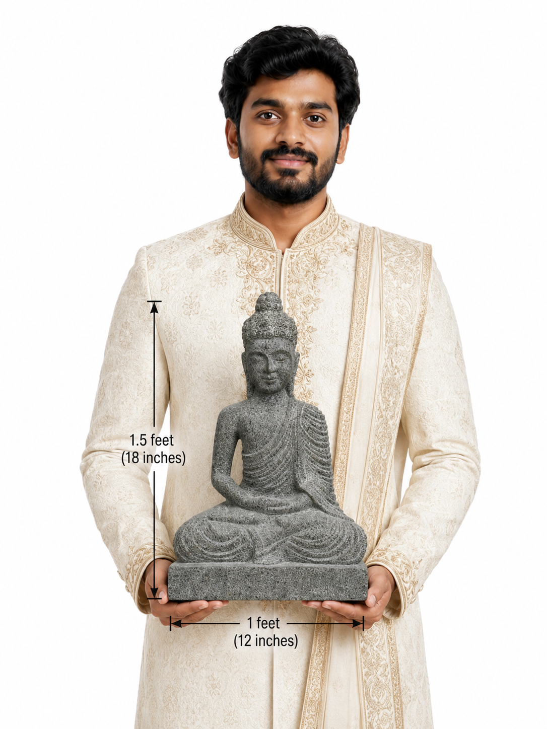 Hand-carved 1.5 ft Buddha statue in natural stone, product view 6 highlighting the meditative form and carved details.