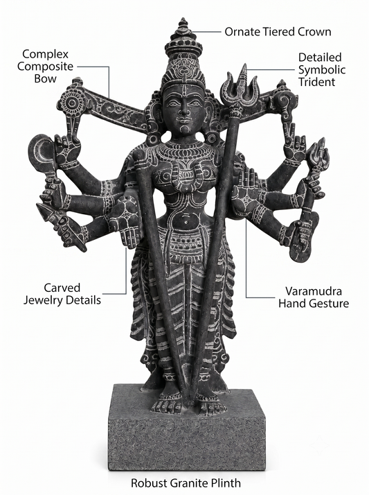 Hand-carved 1.5 ft Kali Amman statue in natural stone, product view 2 highlighting the sculpture and carved details.