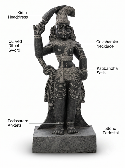 Hand-carved 1.5 ft Madurai Veeran statue in natural stone, product view 2 highlighting the guardian deity form and carved details.