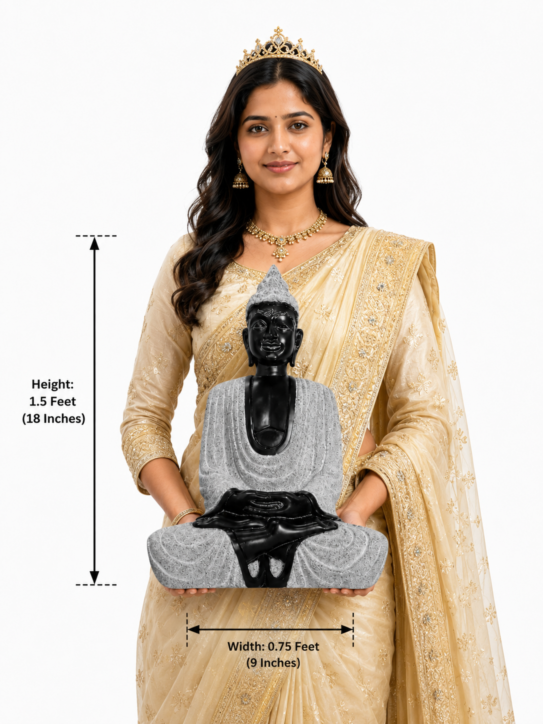 Hand-carved 1.5 ft meditative sitting Buddha statue in polished black stone shown beside an adult model for scale and measurements.