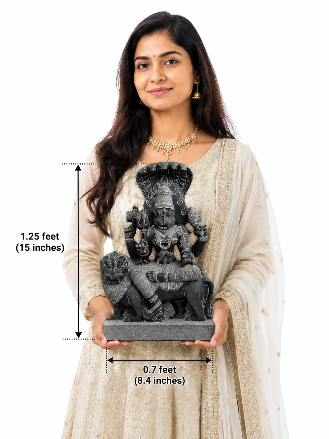 Hand-carved 1.5 ft Pratyangira Devi statue in natural stone, product view 6 highlighting the goddess form and carved details.