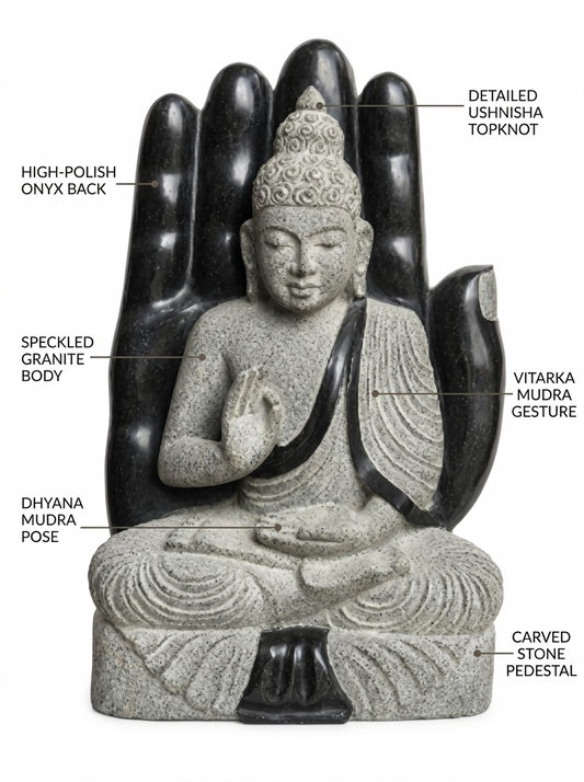 Hand-carved 1.5 ft protective hand Buddha statue in natural stone, product view 2 highlighting the Abhaya gesture and carved details.