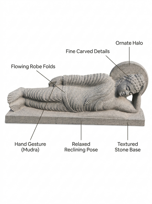 Hand-carved 1.6 ft Reclining Buddha Parinirvana Statue in natural Charnockite stone, product view 2 showing the sculpture and carved details.