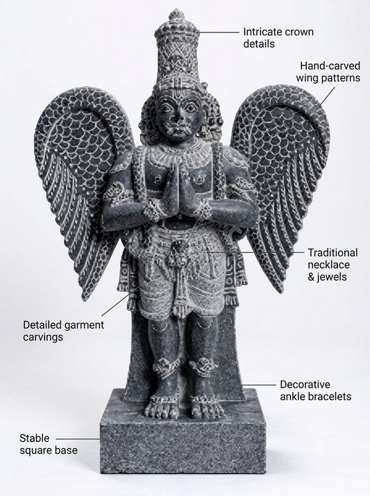 Hand-carved 1.75 ft Garuda Bhagavan statue in natural stone, product view 2 highlighting the sculpture and carved details.