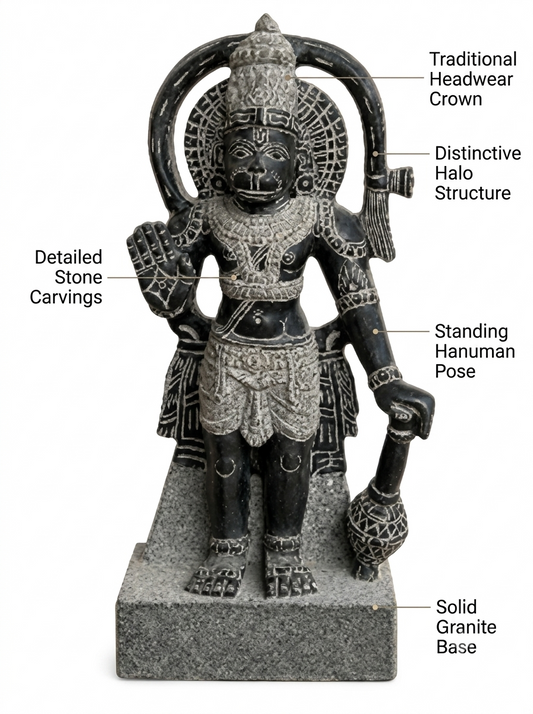 Hand-carved 1.75 ft Hanuman statue in natural stone, product view 2 highlighting the sculpture and carved details.