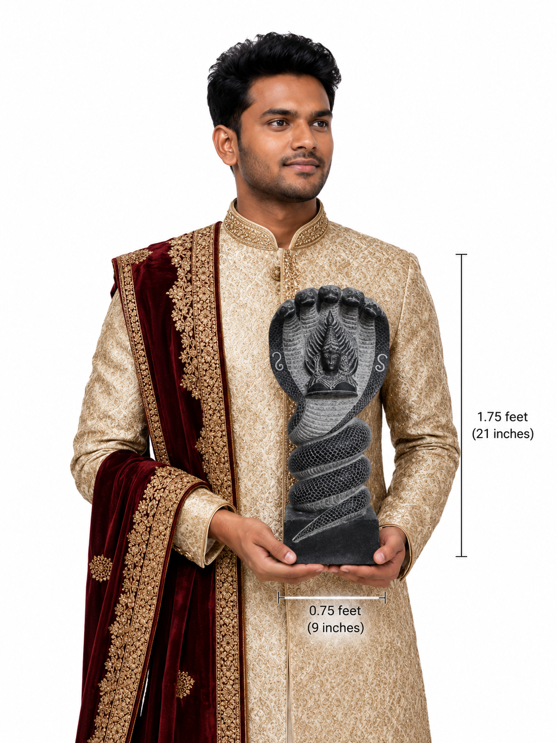 Hand-carved 1.75 ft Nagathamman with Shiva Lingam statue in natural stone, product view 7 highlighting the serpent and lingam details.