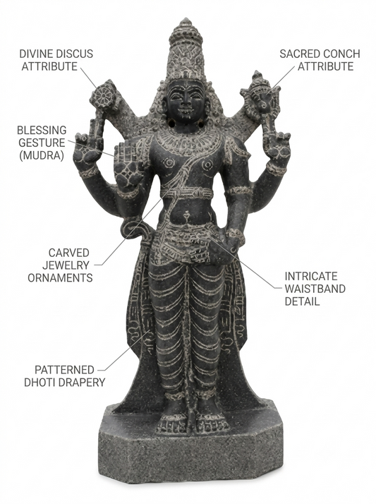 Hand-carved 1.75 ft Vishnu statue in natural stone, product view 2 highlighting the sculpture and carved details.