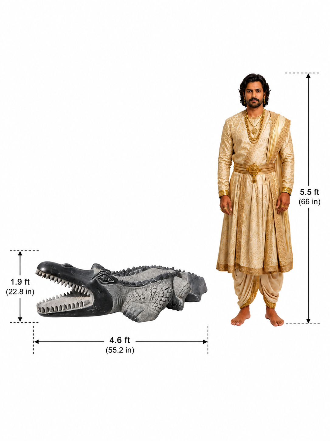 Hand-carved 1.9 ft Crocodile Stone Sculpture on Raised Platform in natural Charnockite stone, product view 7 showing the sculpture and carved details.