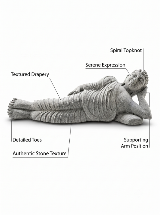 Hand-carved 1 ft Buddha statue in natural stone, product view 2 highlighting the meditative form and carved details.