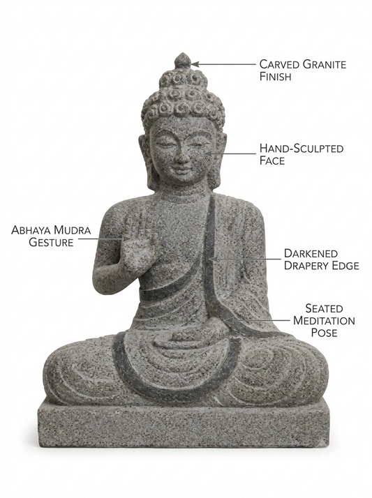 Hand-carved 1 ft Buddha statue in natural stone, product view 2 highlighting the meditative form and carved details.