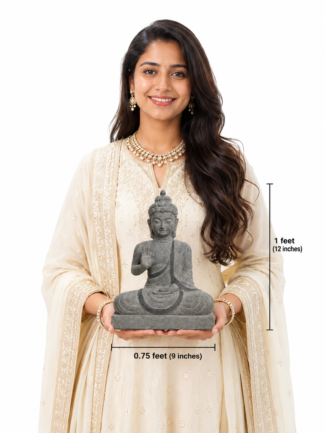 Hand-carved 1 ft Buddha statue in natural stone, product view 6 highlighting the meditative form and carved details.