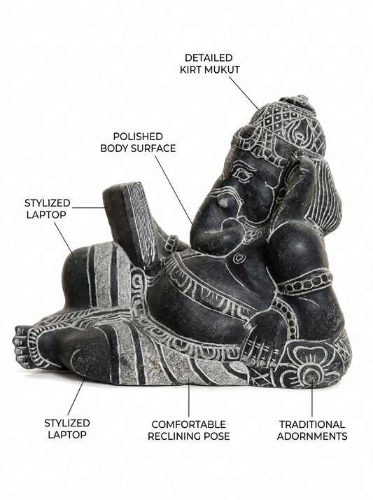 Hand-carved 1 ft Ganesha statue in natural stone, product view 2 highlighting the sculpture and carved details.