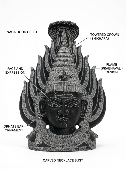 Hand-carved 1 ft Gangai Amman Sirasu statue in natural stone, product view 2 highlighting the sacred head form and carved details.
