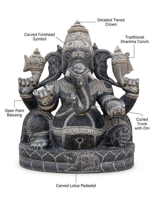 Hand-carved 2.5 ft Ganapathy Ganesha statue in natural Charnockite stone, product view 2 highlighting the deity form and carved details.
