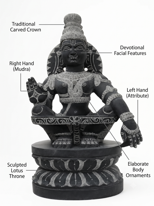 Hand-carved 2 ft Ayyappan statue in natural stone, product view 2 highlighting the sculpture and carved details.