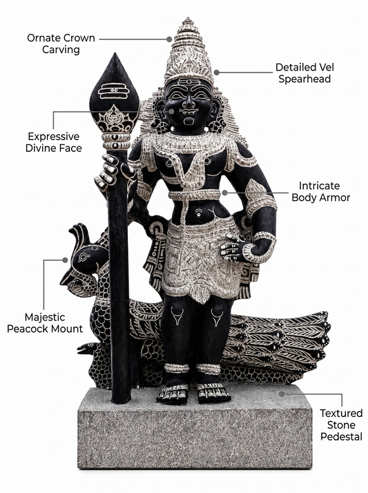 Hand-carved 2 ft Bala Murugan statue in natural stone, product view 2 highlighting the sculpture and carved details.