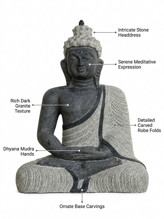Hand-carved 2 ft Buddha statue in natural stone, product view 2 highlighting the meditative form and carved details.