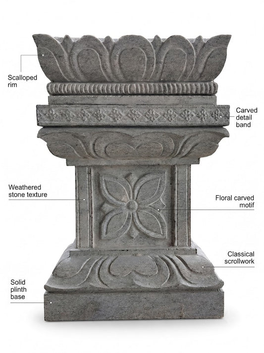 Hand-carved 2 ft Lotus Crown Ornamental Stone Pedestal in natural Charnockite stone, product view 2 showing the sculpture and carved details.