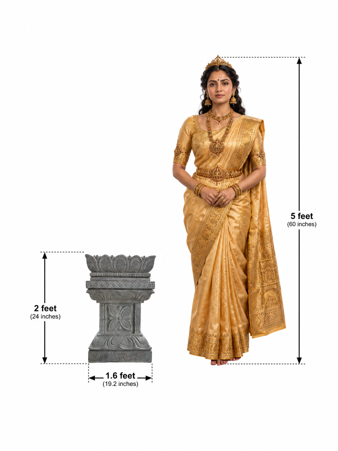 Hand-carved 2 ft Lotus Crown Ornamental Stone Pedestal in natural Charnockite stone, product view 5 showing the sculpture and carved details.