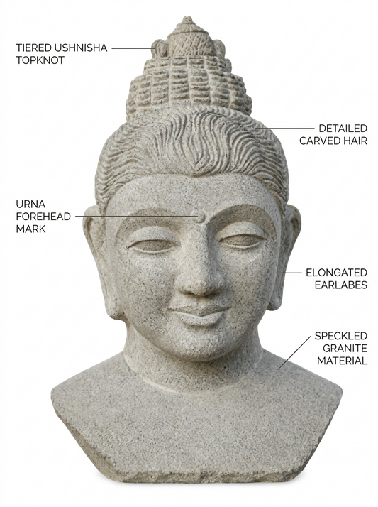 Hand-carved 2 ft serene Buddha bust in natural stone, product view 2 highlighting the facial expression and carved details.