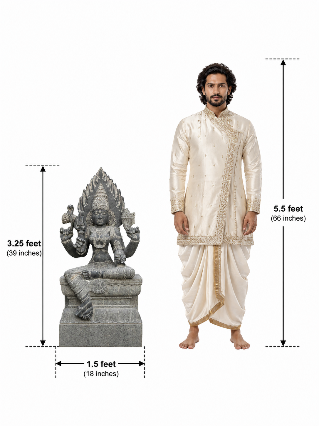 Hand-carved 3.25 ft Karumari Amman statue in polished black stone shown beside an adult model for scale with measurements.