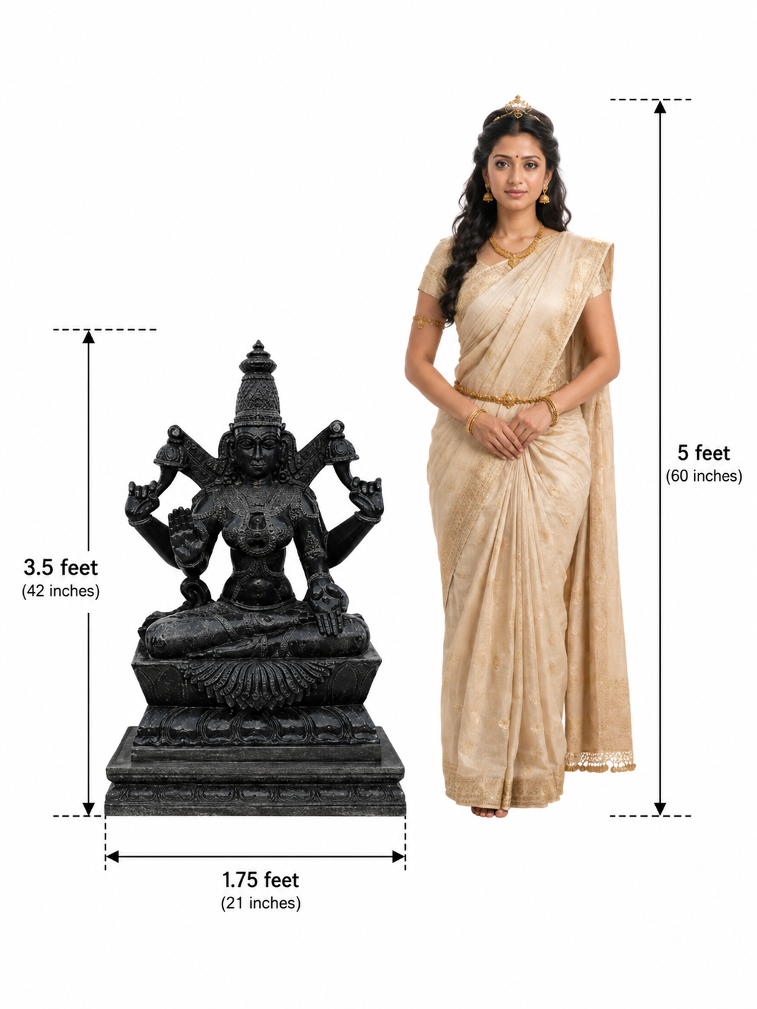 Hand-carved 3.5 ft Padmavathi Devi statue in polished black stone shown beside an adult model for scale with measurements.