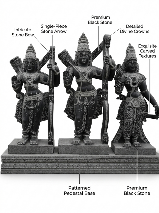 Hand-carved 3.5 ft Rama, Lakshmana and Sita statue set in natural stone, product view 2 showing the three figures and carved details.
