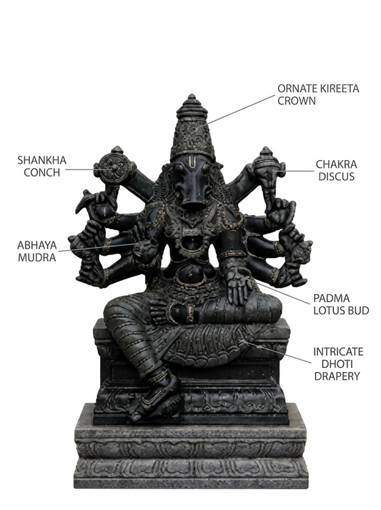 Hand-carved 3.5 ft Varahi Amman statue in natural stone, product view 2 highlighting the sculpture and carved details.