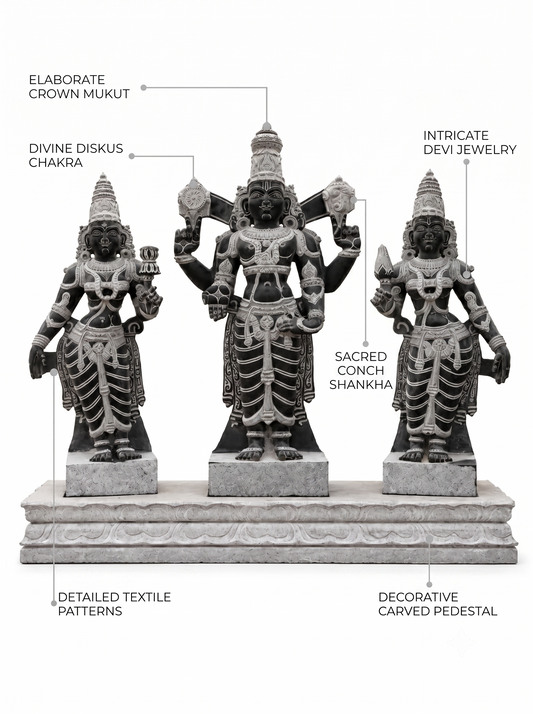 Hand-carved 3.5 ft Vishnu with Lakshmi and Bhoo Devi statue set in natural stone, product view 2 showing the three figures.