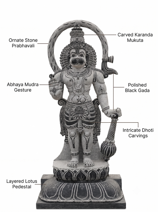 Hand-carved 3.75 ft Hanuman statue in natural stone, product view 2 highlighting the sculpture and carved details.
