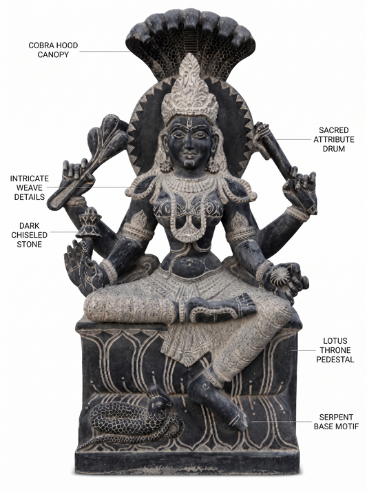 Hand-carved 3 ft Ambika Devi statue in natural stone, product view 2 highlighting the sculpture and carved details.