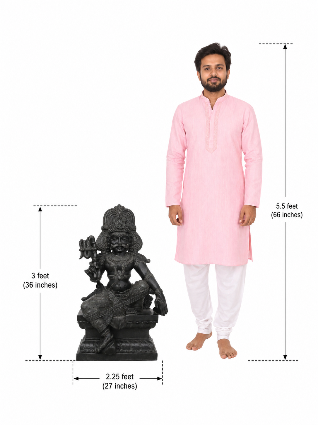 Hand-carved 3 ft Karuppasamy statue in natural Charnockite stone, product view 5 highlighting the guardian deity form and carved details.